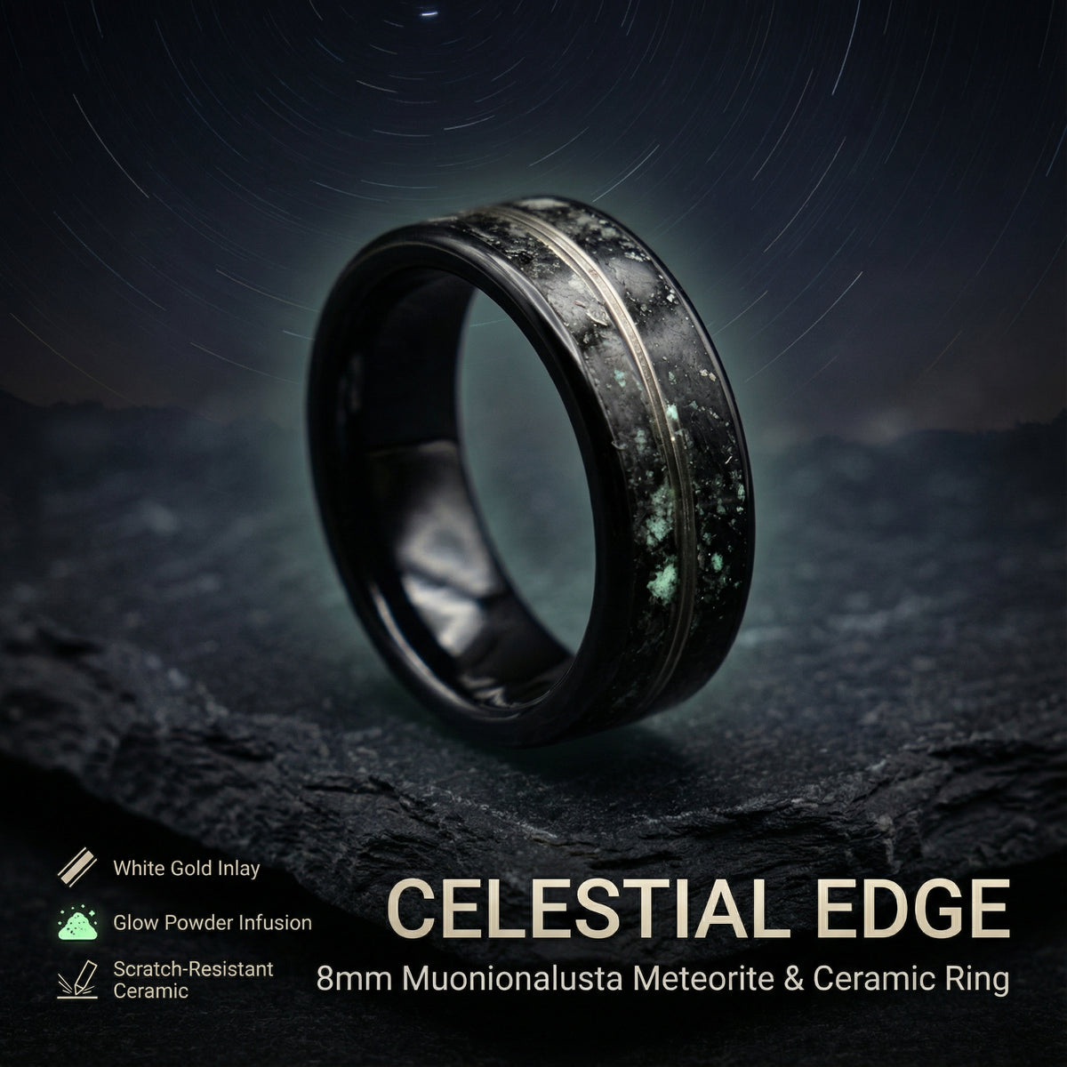 Glow in the Dark Meteorite Ring White Gold Inlay