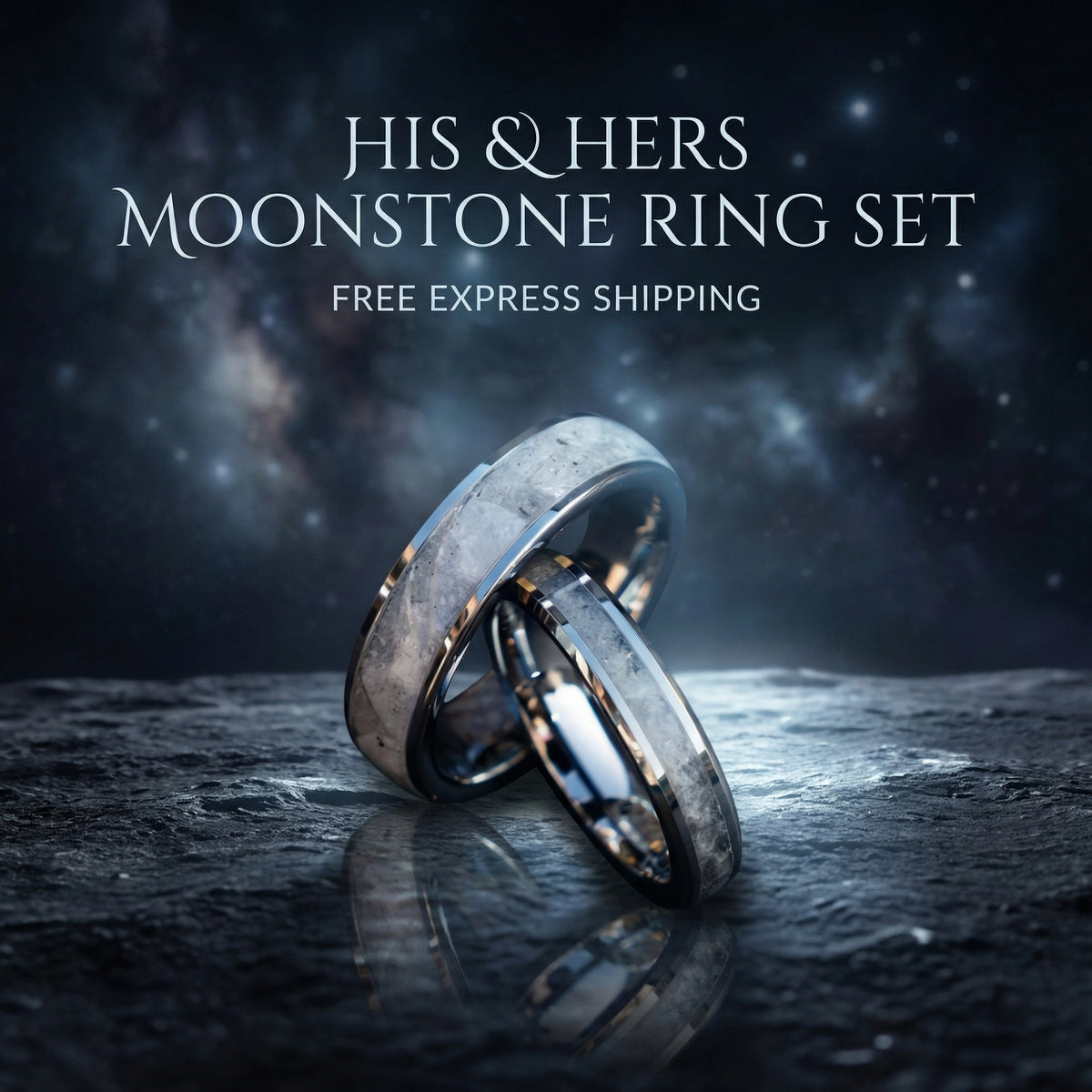 Silver Tungsten Ring Set, Rainbow Moonstone Inlay 6mm & 4mm, Comfort Fit