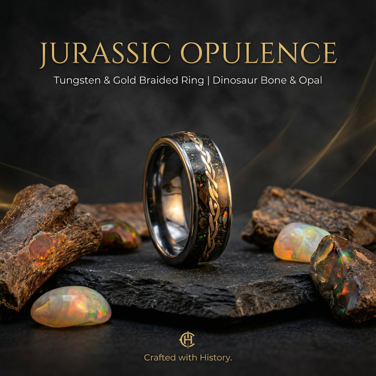 Flat tungsten ring with Triceratops, meteorite and golden wire braid