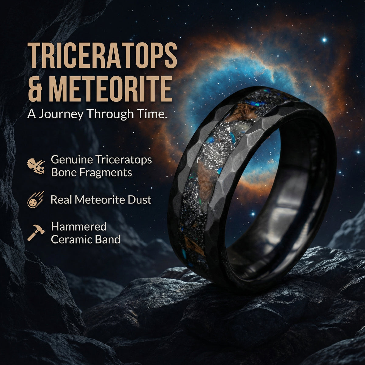 Hammered Ceramic Meteorite Ring With Triceratops, Meteorite and Opal Accents