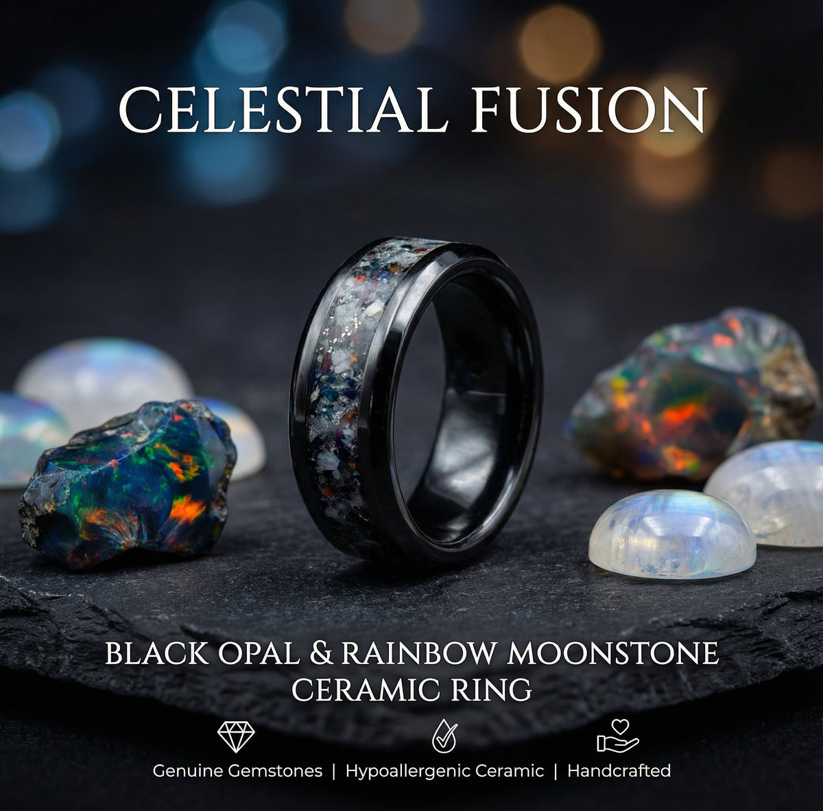 Ceramic Moonstone Ring with Black Opal Inlay