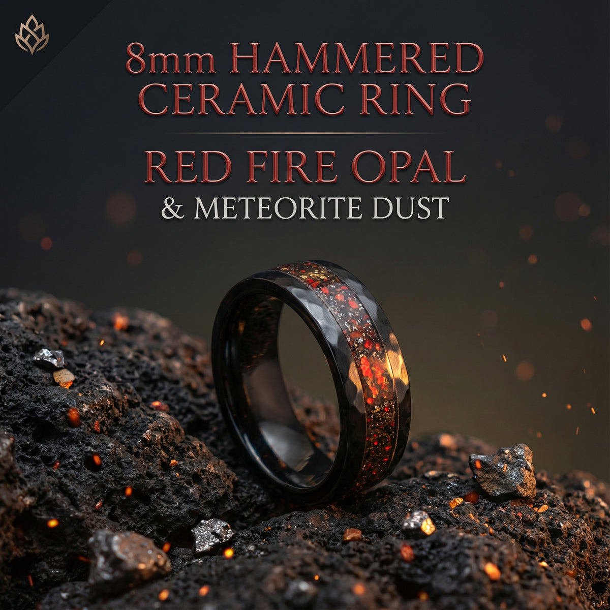 Black Hammered Ceramic Ring With Triceratops Meteorite & Opal