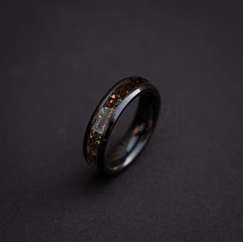 Beveled ceramic ring filled with multi color opal mixed with meteorite and Tyrannosaurus rex line in the middle 6 mm for Jenny