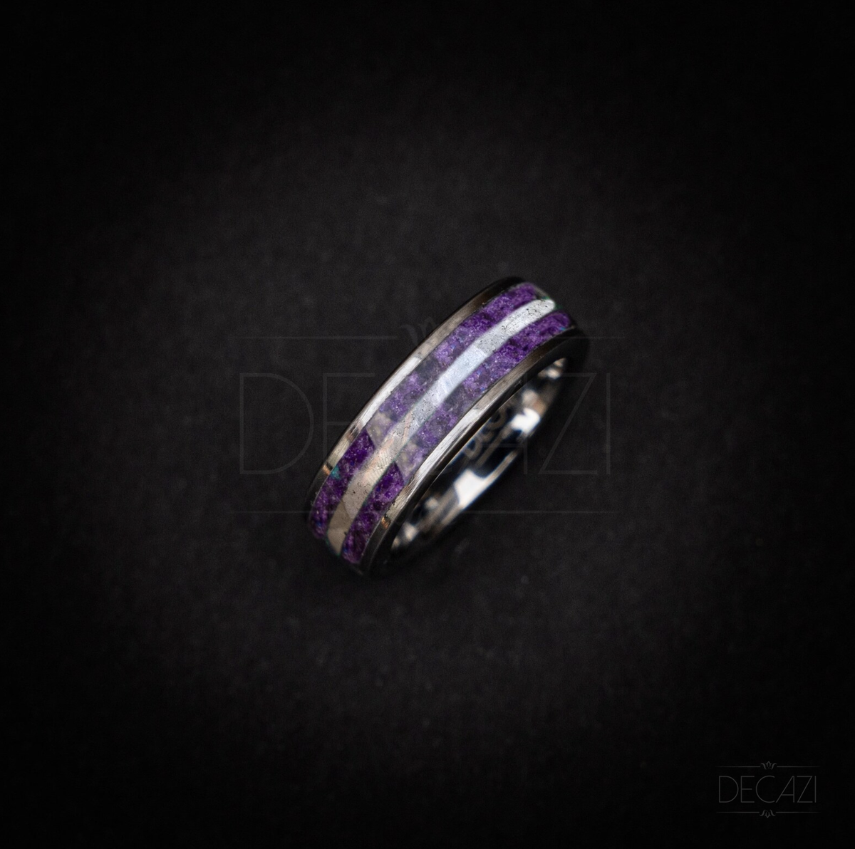 Flat tungsten ring filled with Amethyst and moonstone 6 mm for Birgit
