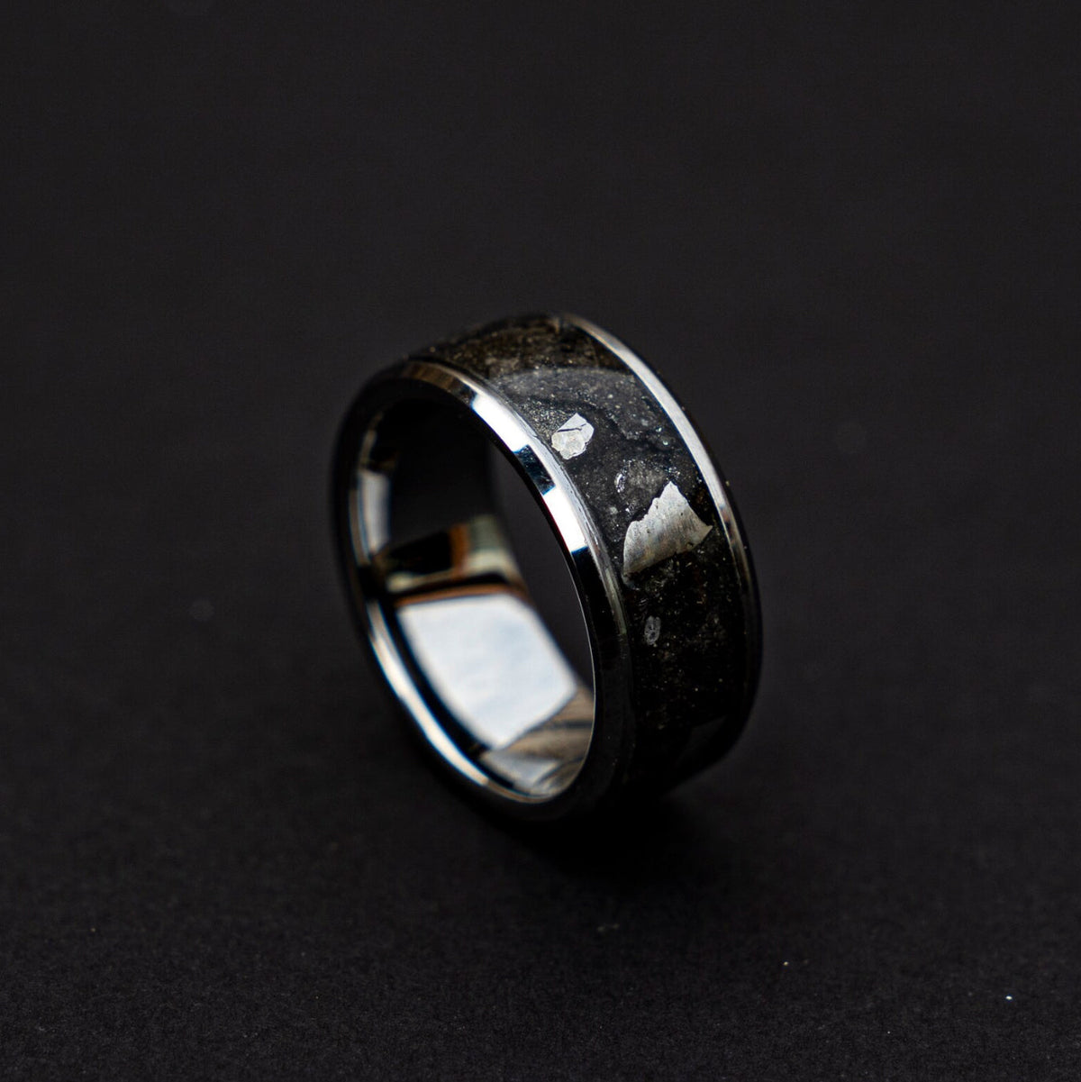 Beveled tungsten ring filled with Moondust and Campo Del Cielo meteorite
