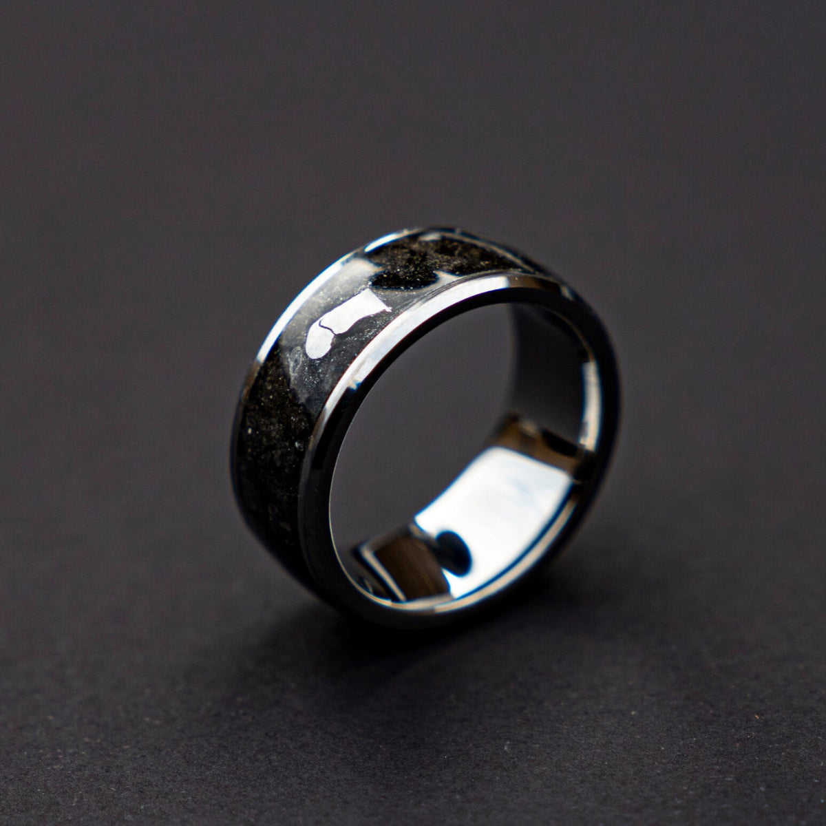 Beveled tungsten ring filled with Moondust and Campo Del Cielo meteorite