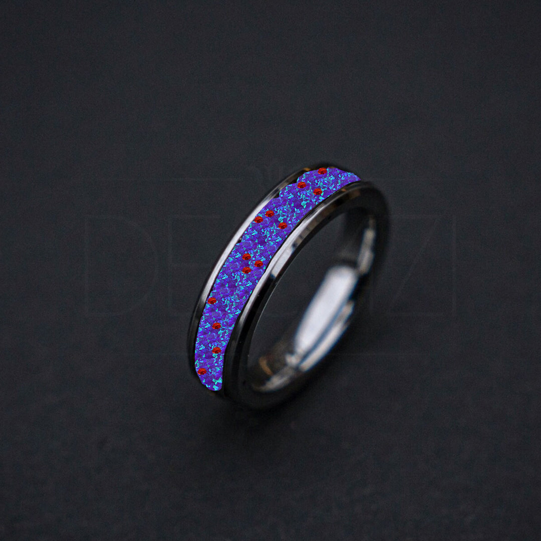 Beveled tungsten ring filled with sleepy lavender opal an sprinkles of red opal 6 mm for Dominique