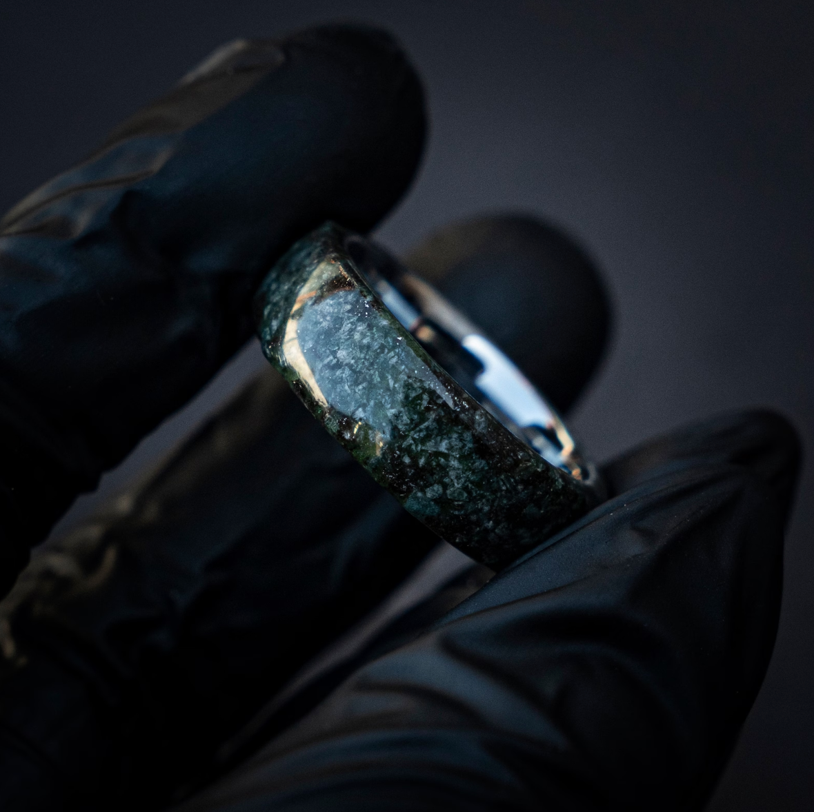 Genuine Moss Agate mixed with Muoninalusta meteorite on Silver Tungsten Ring Core