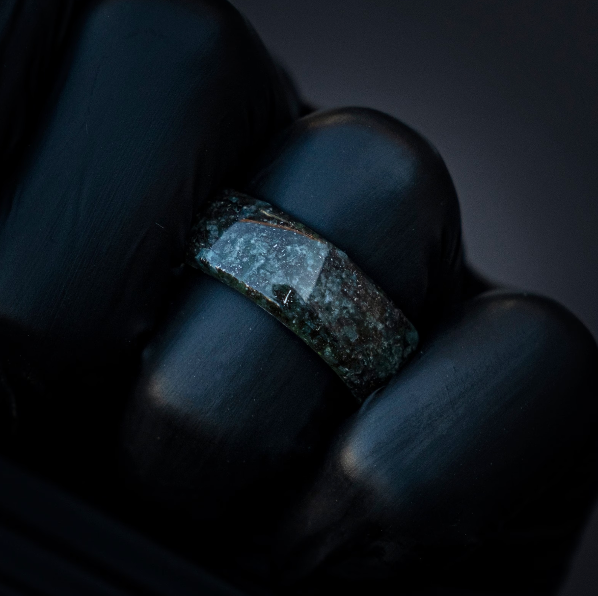 Genuine Moss Agate mixed with Muoninalusta meteorite on Silver Tungsten Ring Core