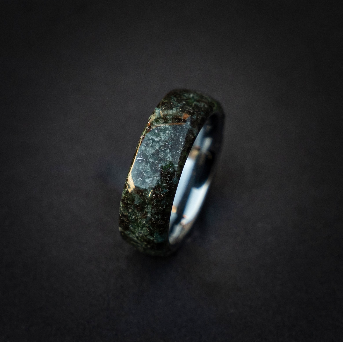 Genuine Moss Agate mixed with Muoninalusta meteorite on Silver Tungsten Ring Core