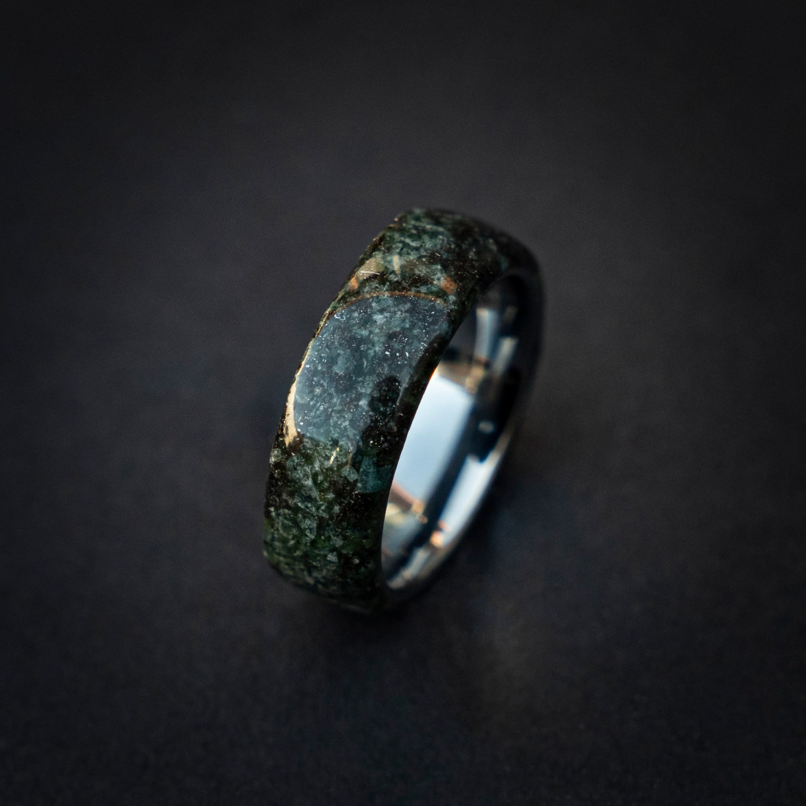 Genuine Moss Agate mixed with Muoninalusta meteorite on Silver Tungsten Ring Core