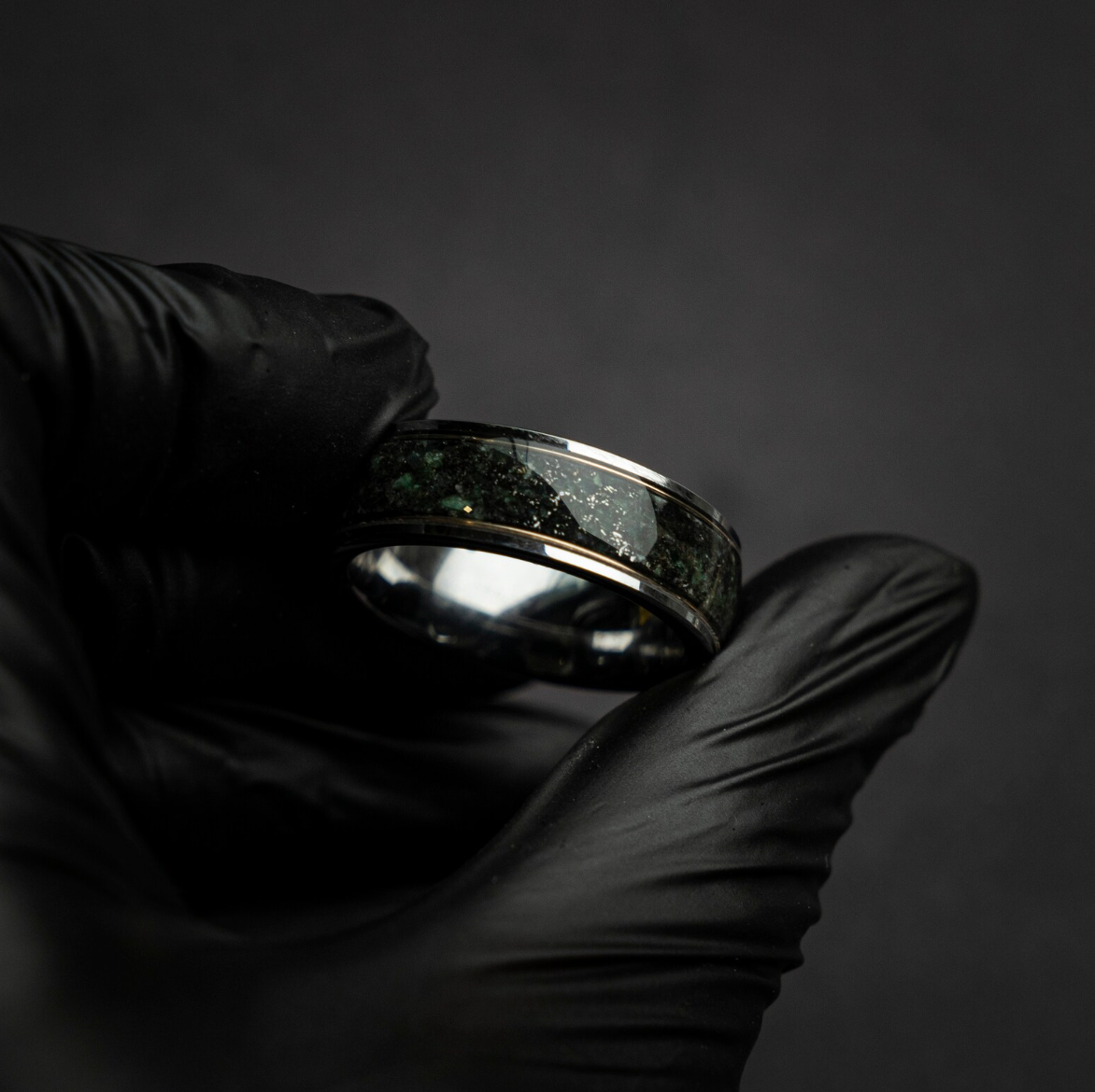 Silver Tungsten Ring, Genuine Moss Agate, Muonionalusta meteorite, 18k Yellow Golden Wires