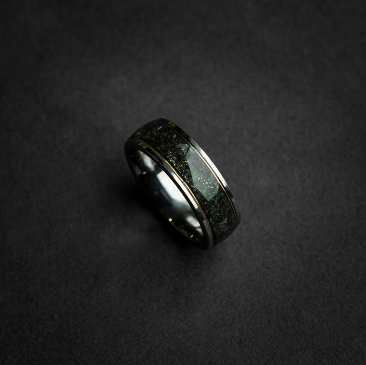 Silver Tungsten Ring, Genuine Moss Agate, Muonionalusta meteorite, 18k Yellow Golden Wires