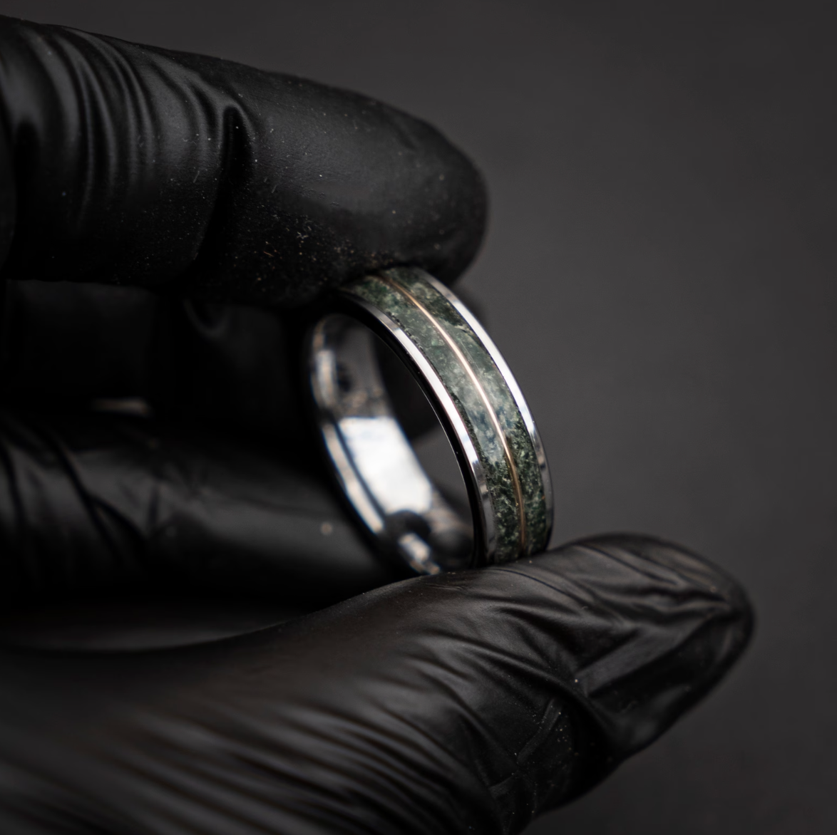 Flat silver Tungsten ring with Moss Agate with 18k Yellow Golden wire - Decazi