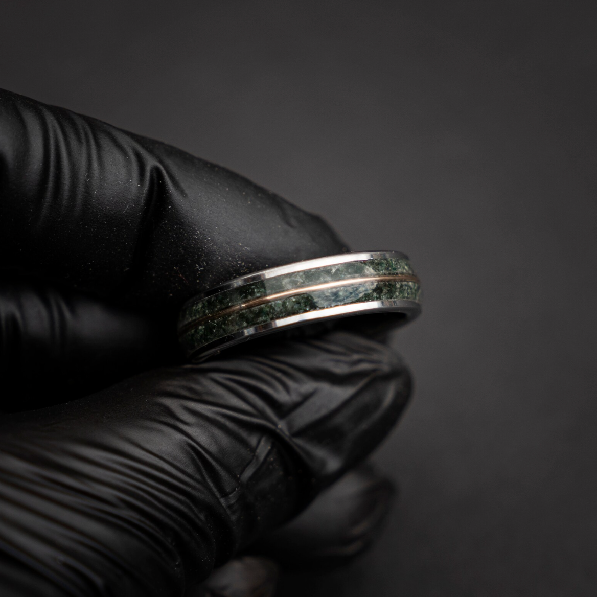 Flat silver Tungsten ring with Moss Agate with 18k Yellow Golden wire - Decazi