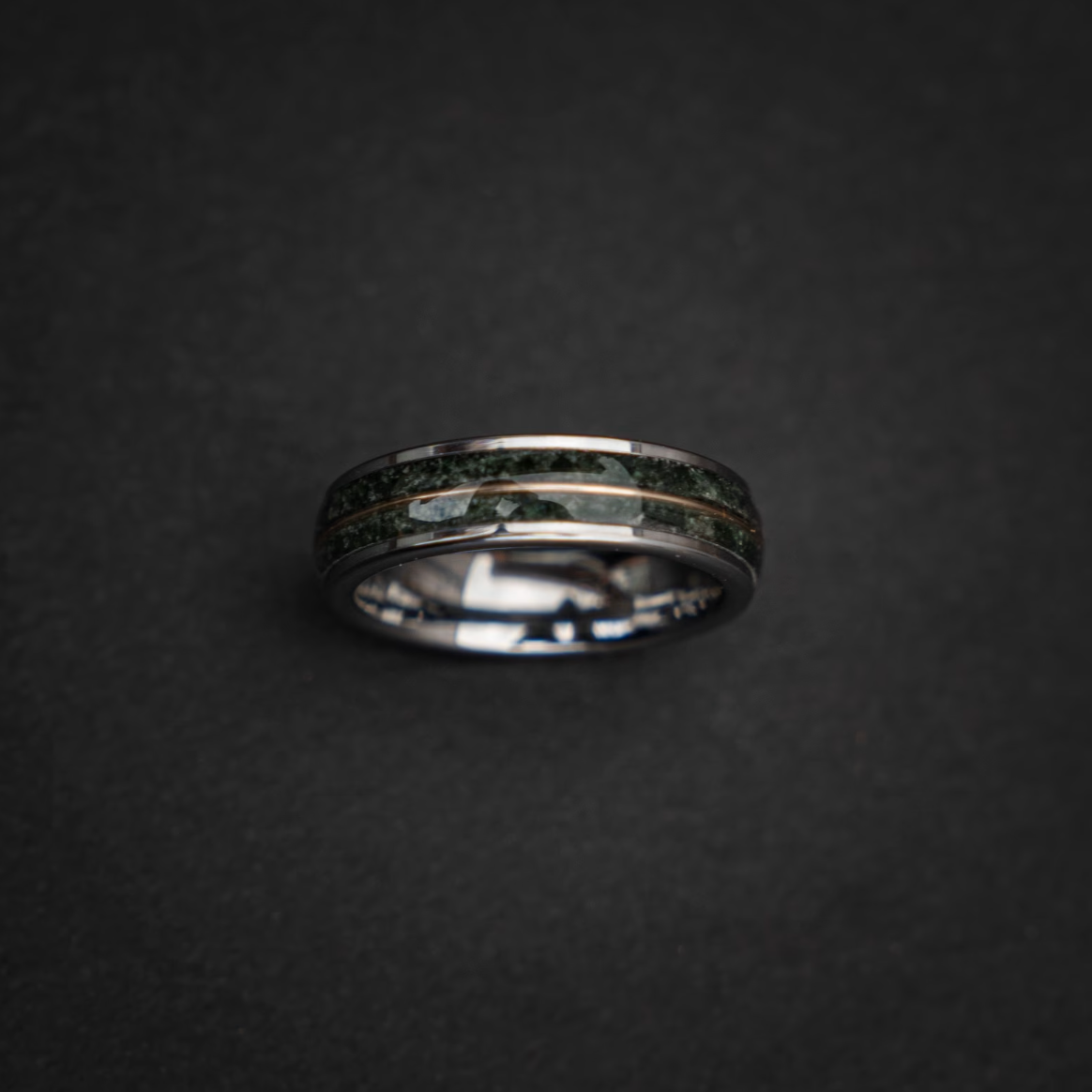 Flat silver Tungsten ring with Moss Agate with 18k Yellow Golden wire - Decazi