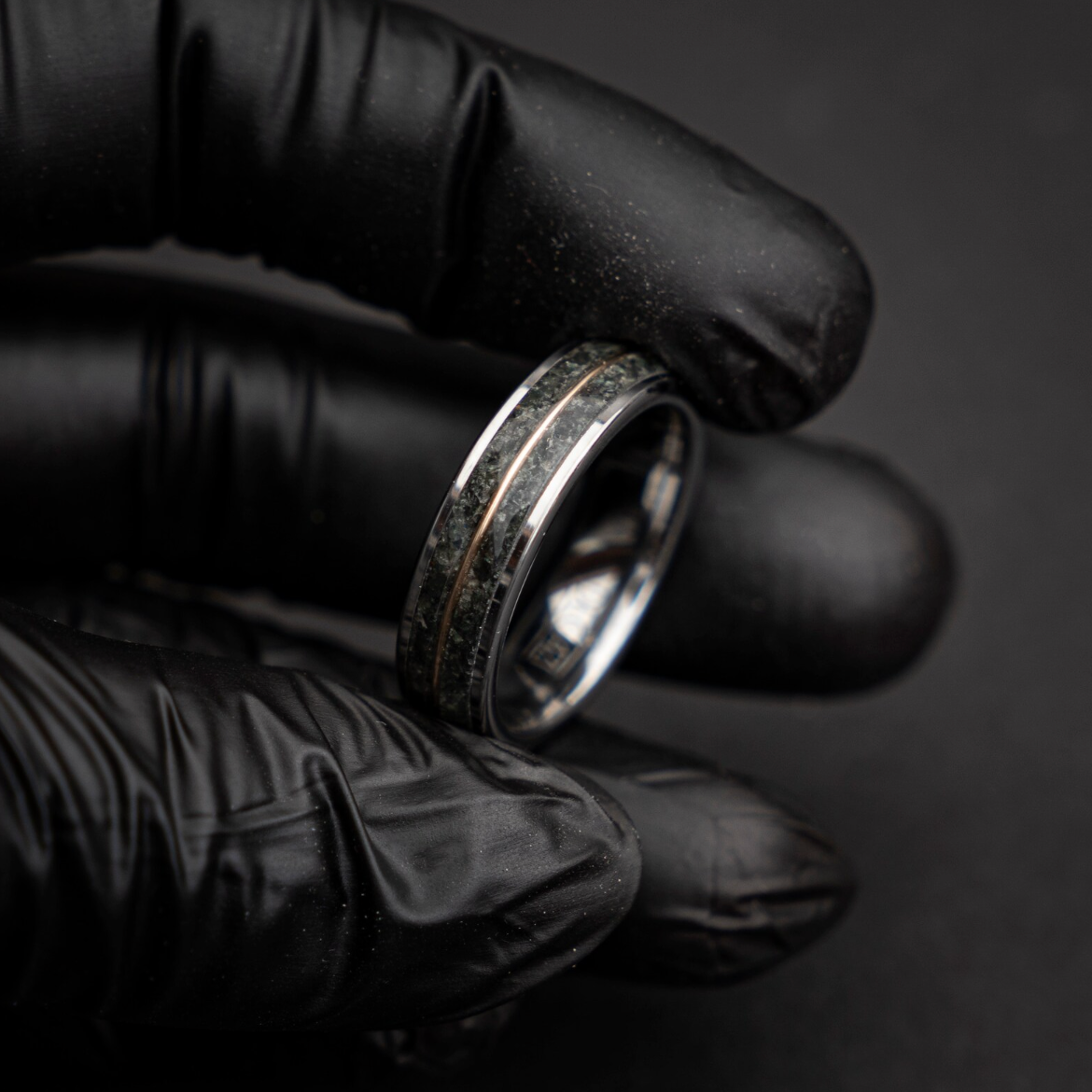 Flat silver Tungsten ring with Moss Agate with 18k Yellow Golden wire - Decazi
