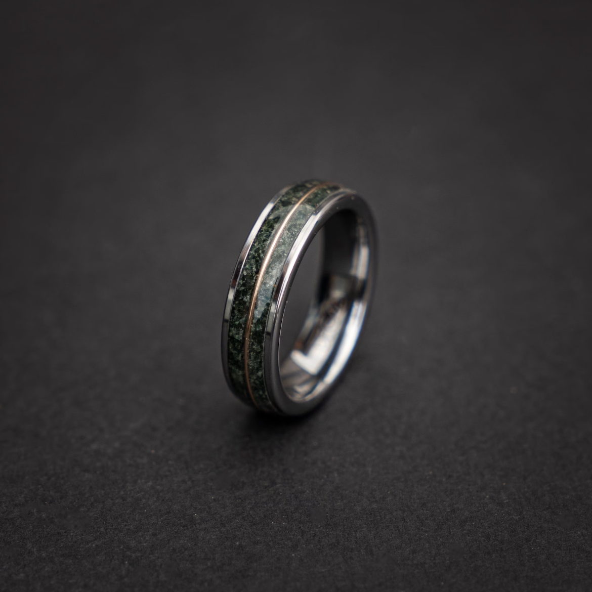 Flat silver Tungsten ring with Moss Agate with 18k Yellow Golden wire - Decazi