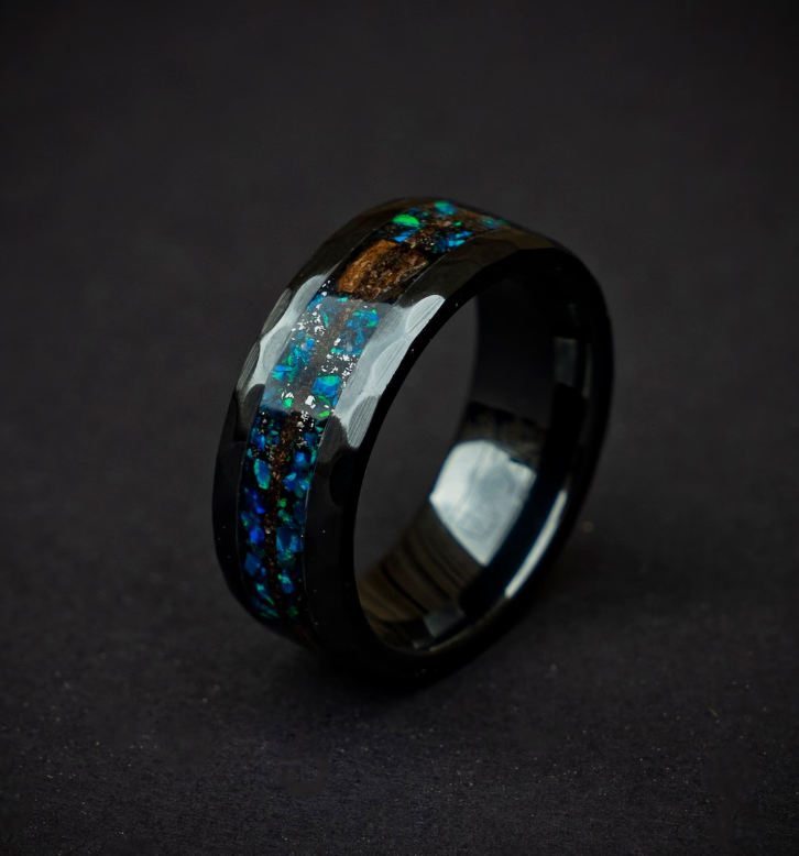 Hammered ceramic ring filled with first layer of blue pigment/glow with a top layer of pink mixed with white opal and a middle line of velociraptor and 1 chunk of velociraptor in the middle on top 8 mm for Alex - Decazi