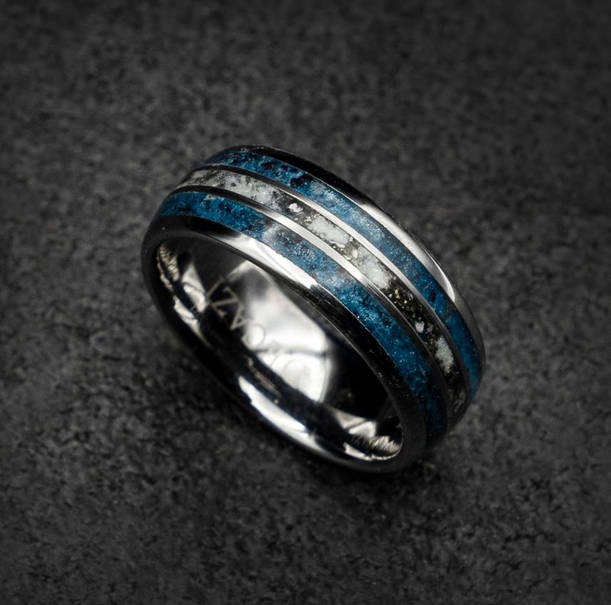 Flat tungsten ring filled with blue - white gold wire - white - white gold wire - blue 8 mm for Ricardo - Decazi