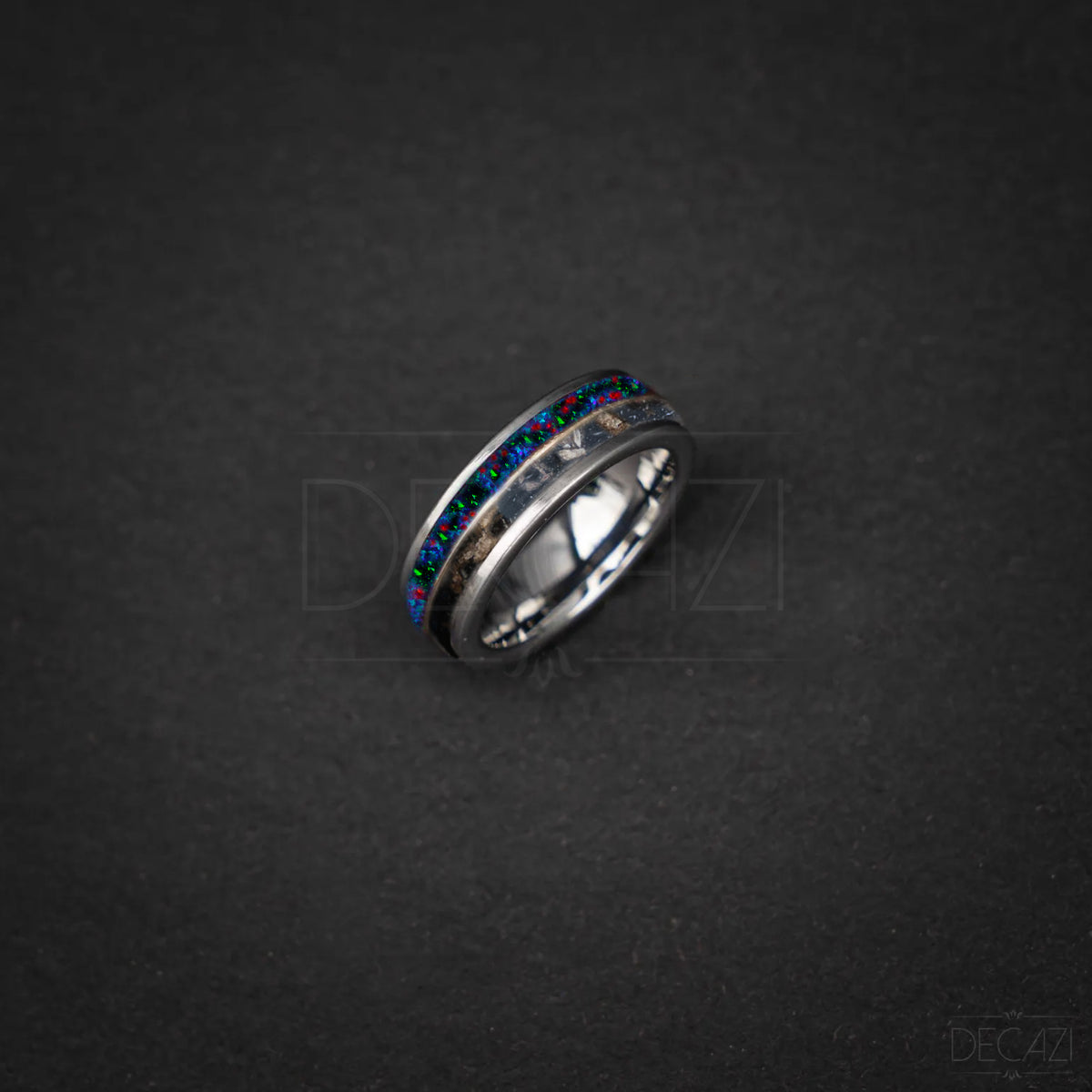 6 mm Flat tungsten ring filled with Meteorite mixed with Trex bone and Opal 14/19/45 mix divided by one yellow gold wire 6 mm for Krizovi