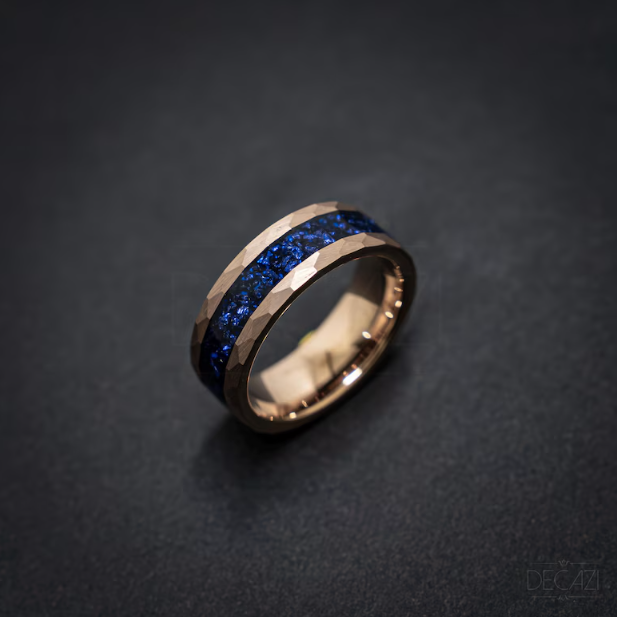 Custom order: Rose gold hammered tungsten ring filled with Blue sapphire galaxy opal 8 mm width for Kim