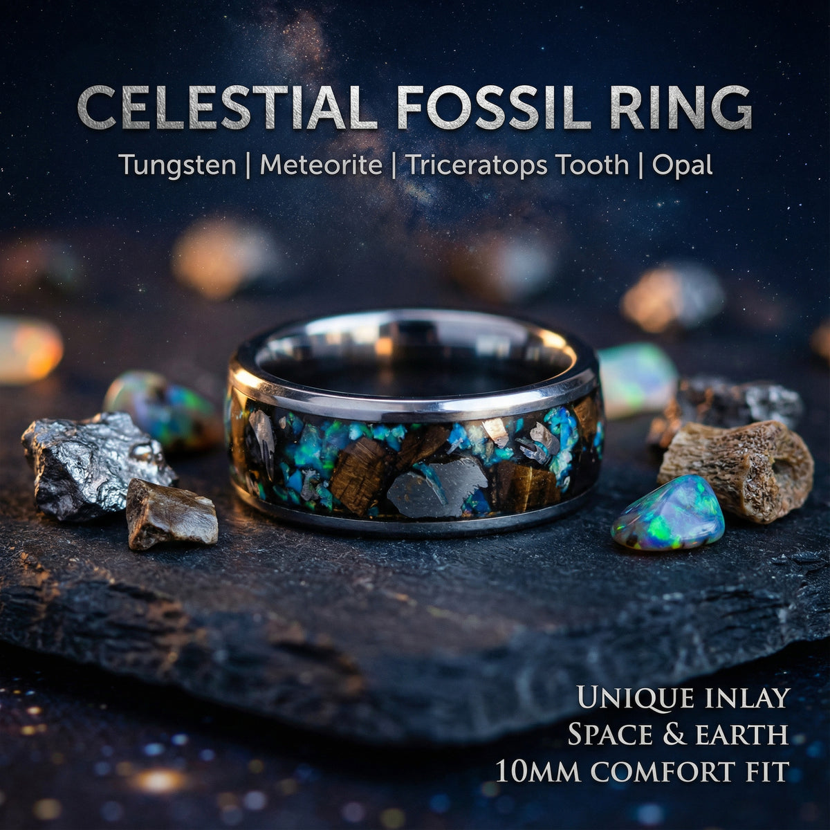 Ethiopian Opal Tungsten Ring & Triceratops Tooth