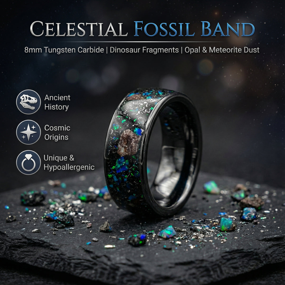 Ceramic Opal Ring with Triceratops Dinosaur Bone Fossil, Opal & Meteorite