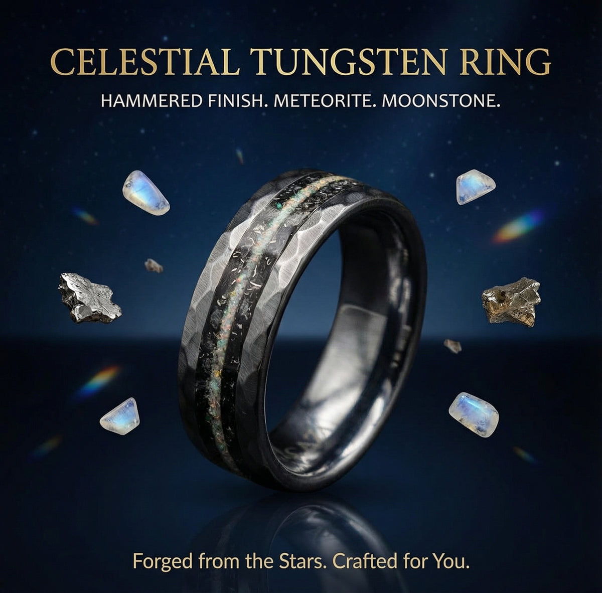 Hammered Tungsten Ring with Meteorite & Moonstone Inlay
