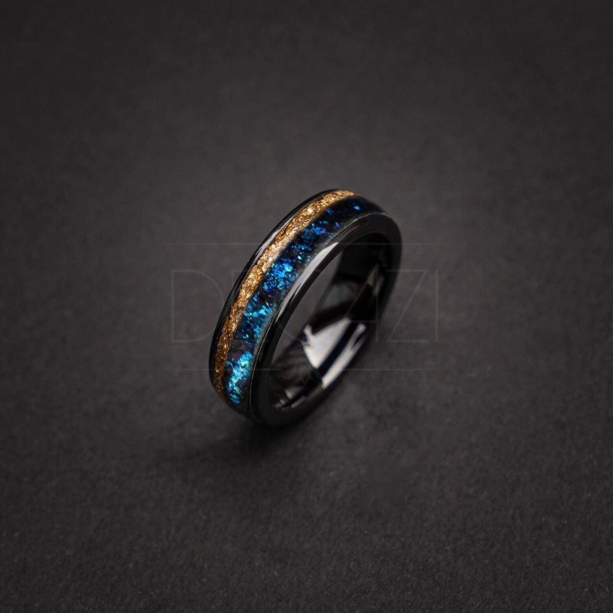 Custom order: Flat ceramic ring filled with blue sapphire opal and offset gold leaf line for Alex