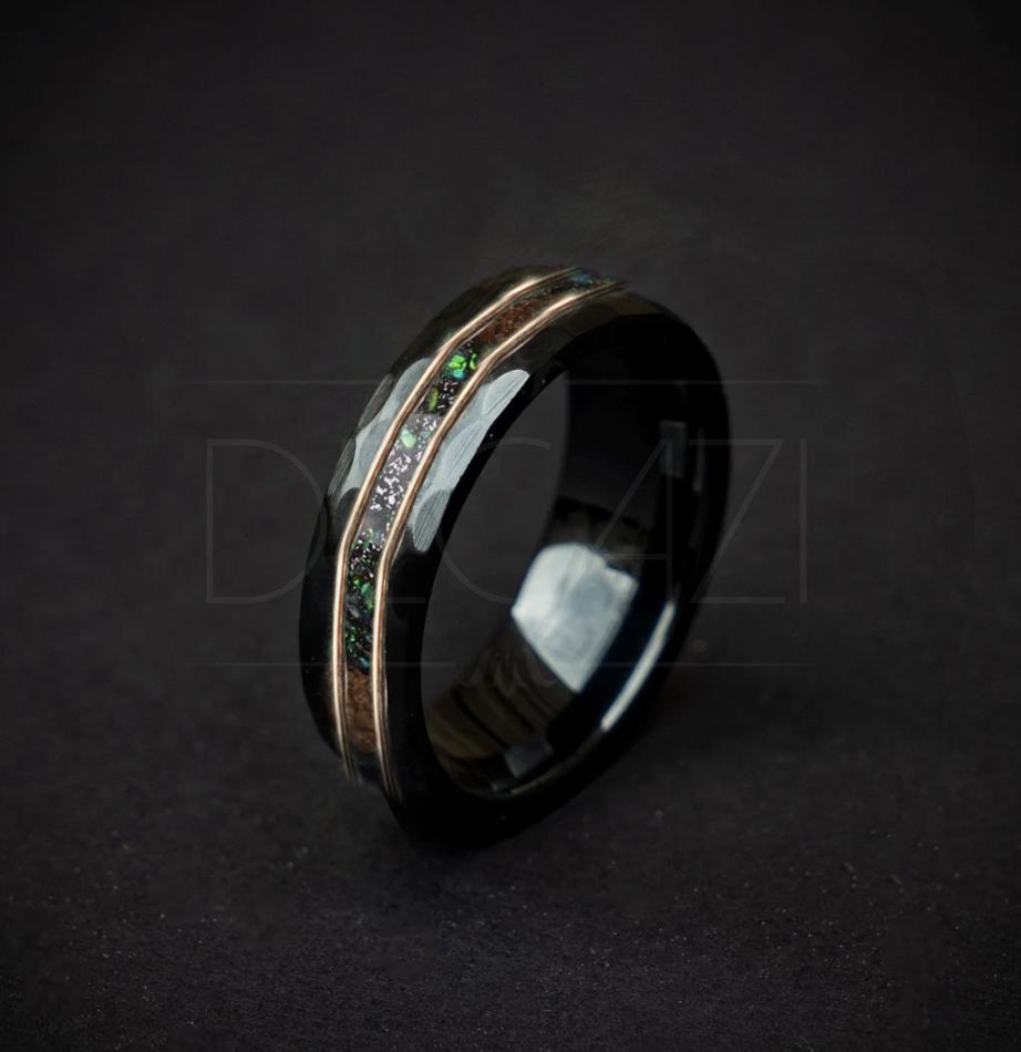 Custom order: 6 mm Hammered ceramic filled with two yellow gold wires and in the middle black opal green fire mixed with meteorite and triceratops fossil for Ketebox