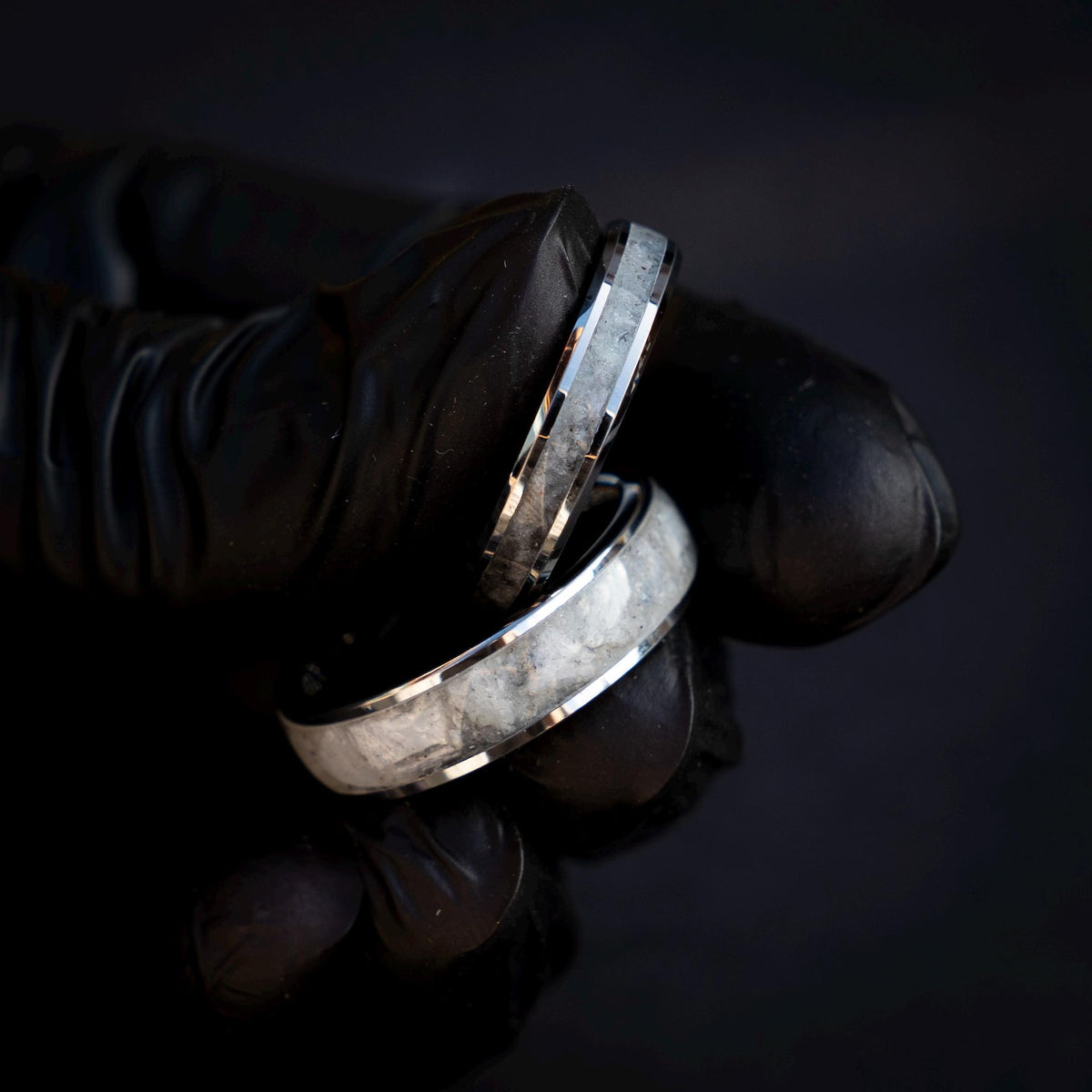 Silver Tungsten Ring Set, Rainbow Moonstone Inlay 6mm & 4mm, Comfort Fit