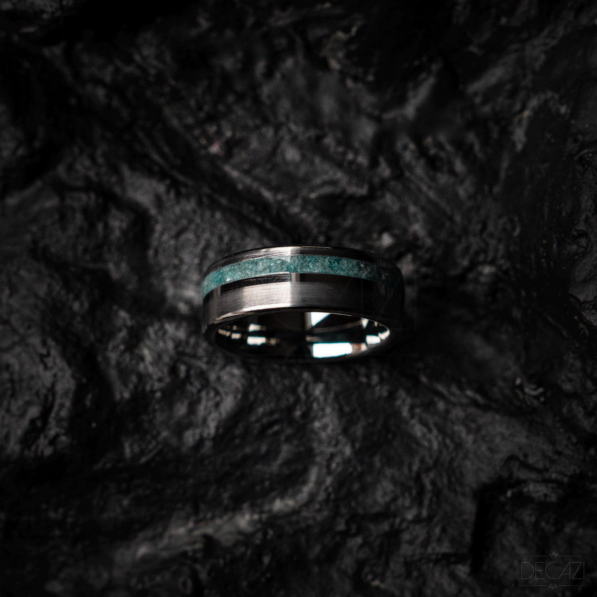 Tungsten silver ring single offset inlay brushed polished genuine aquamarine ring 8 mm width
