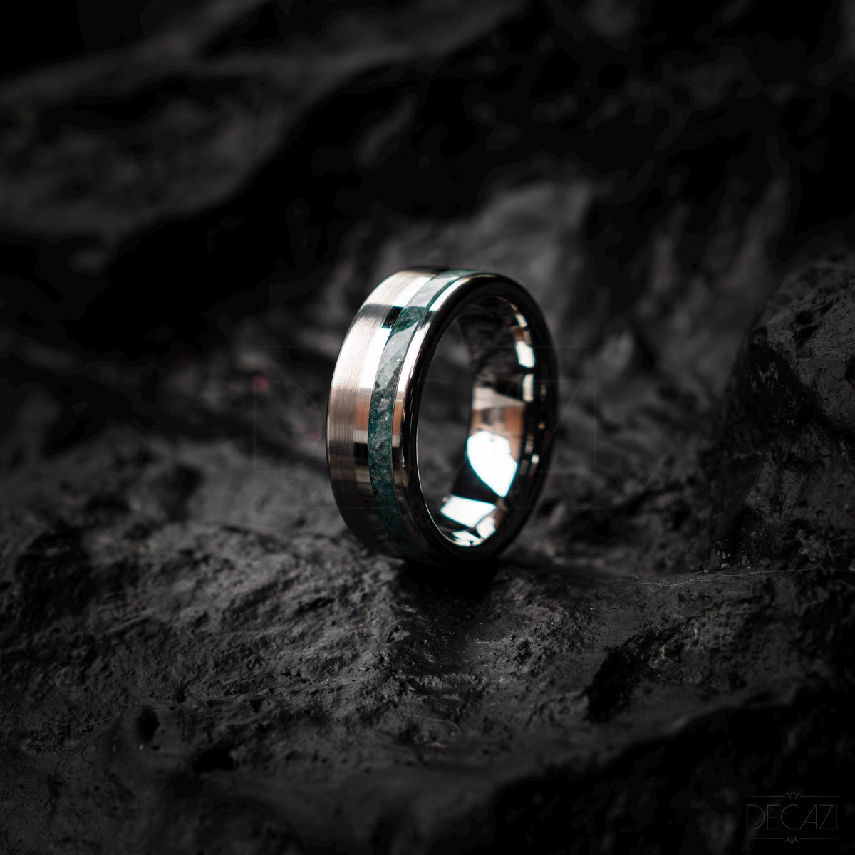 Tungsten silver ring single offset inlay brushed polished genuine aquamarine ring 8 mm width