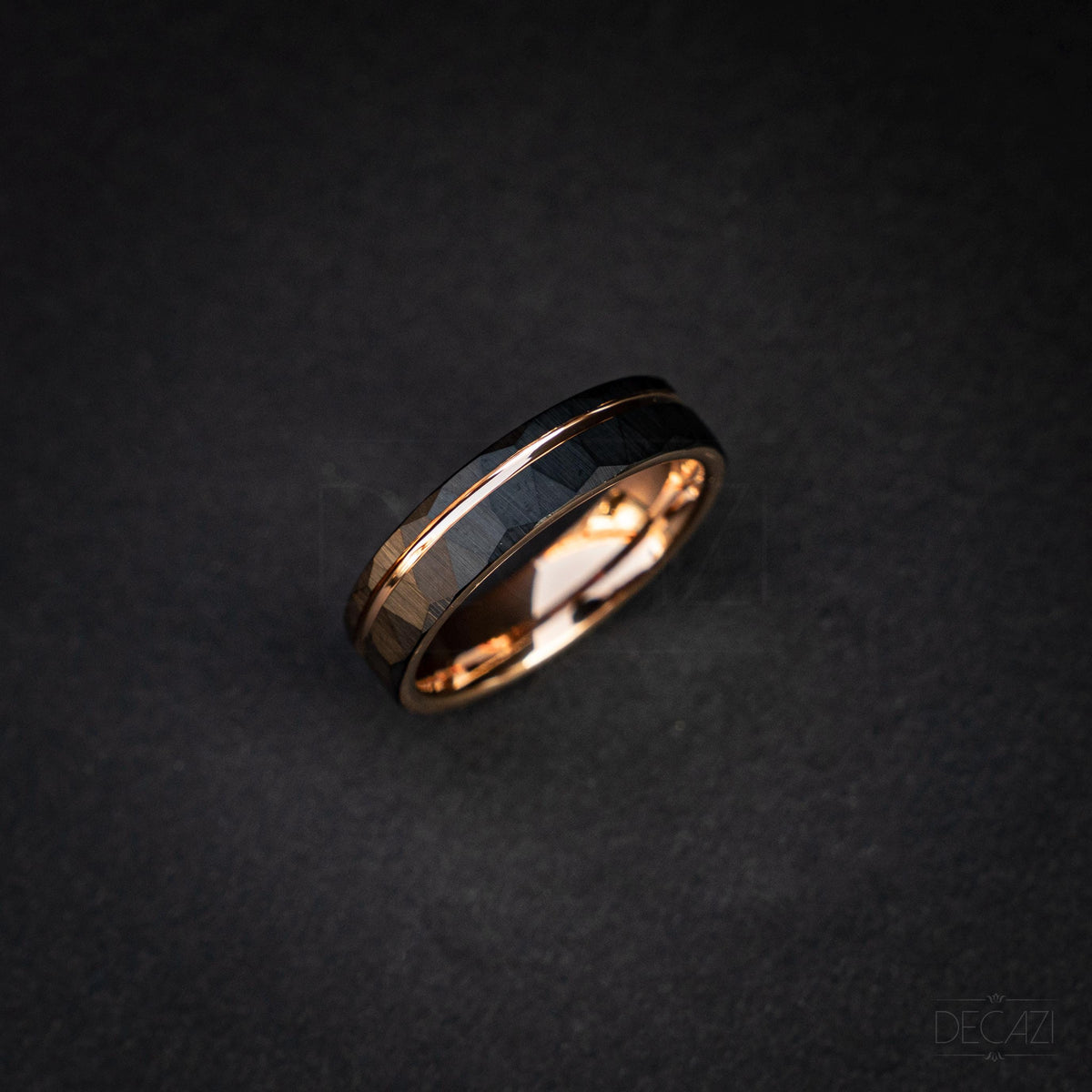 Men's Rose Gold and Black Tungsten Wedding Band – Faceted Ring – Unique Modern Men's Ring – Durable Comfort Fit Ring, 6 mm Ring | Decazi