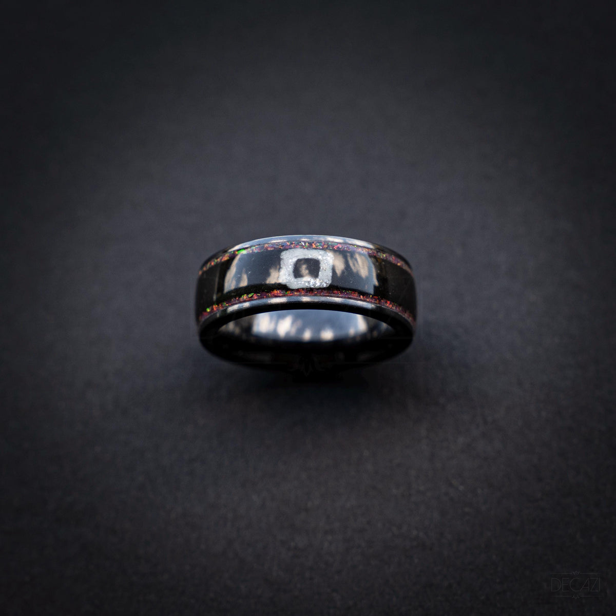 Black Statement Ring with Red Opal & White Square Symbol, Geometric Gamer-Inspired Jewelry, Korean Drama Aesthetic Jewelry, Cosplay Inspired