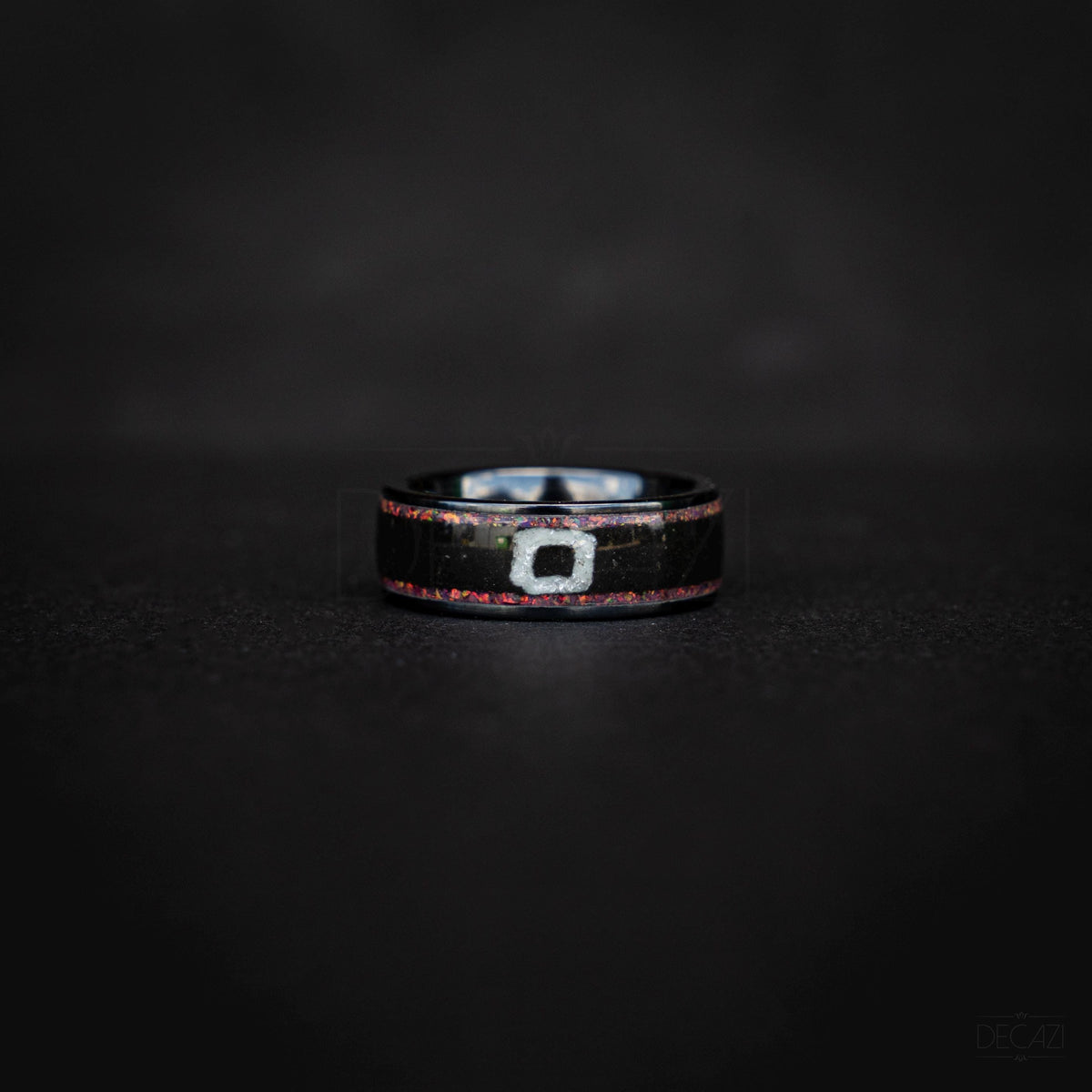 Black Statement Ring with Red Opal & White Square Symbol, Geometric Gamer-Inspired Jewelry, Korean Drama Aesthetic Jewelry, Cosplay Inspired