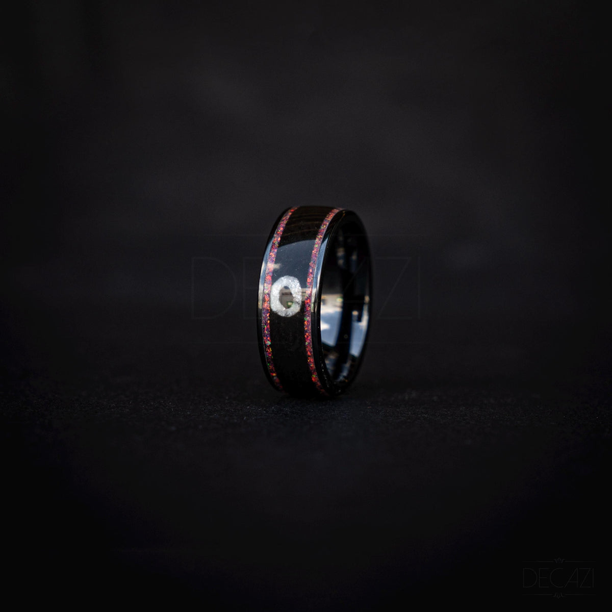 Black Ring with Pink Opal and White Circle Symbol – Geometric Aesthetic Jewelry, Subtle Fandom Jewelry, Korean Drama, Geometric Gamer
