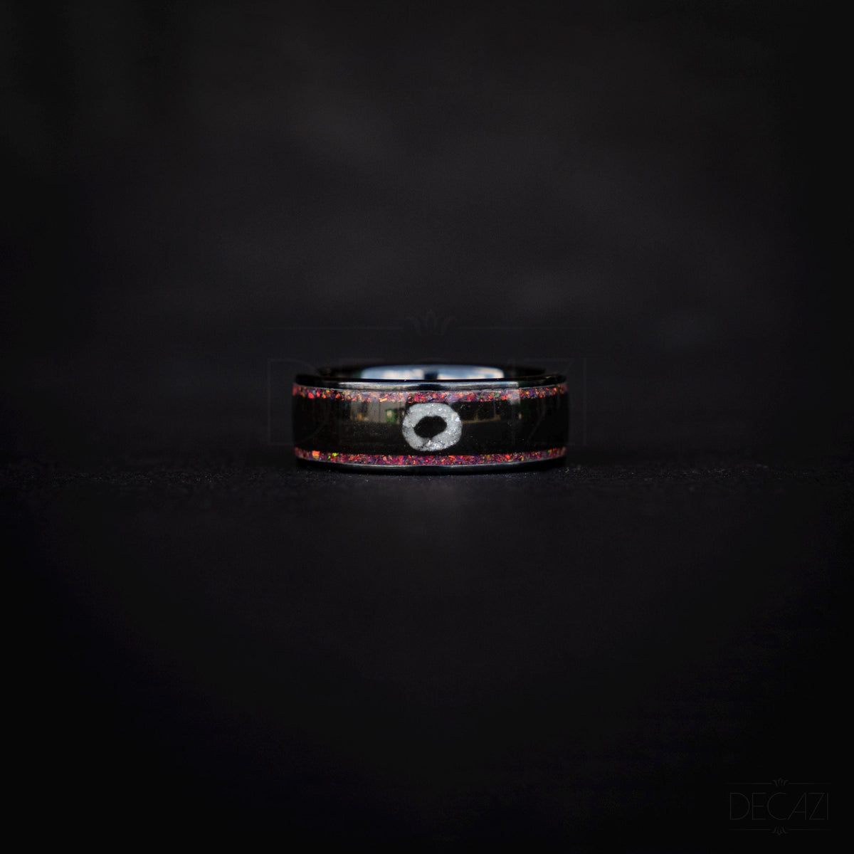 Black Ring with Pink Opal and White Circle Symbol – Geometric Aesthetic Jewelry, Subtle Fandom Jewelry, Korean Drama, Geometric Gamer