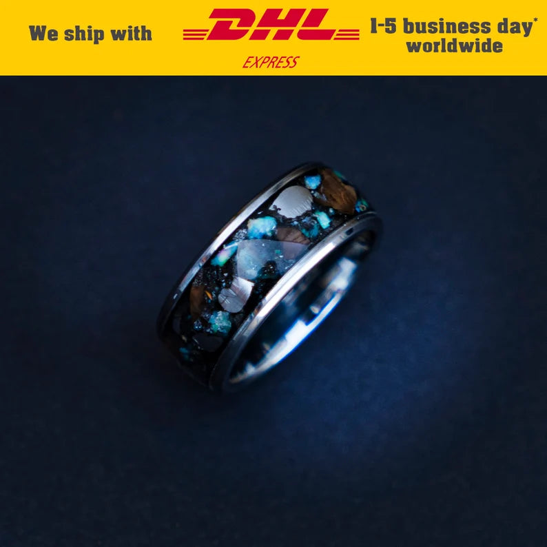 Ethiopian Opal Tungsten Ring & Triceratops Tooth