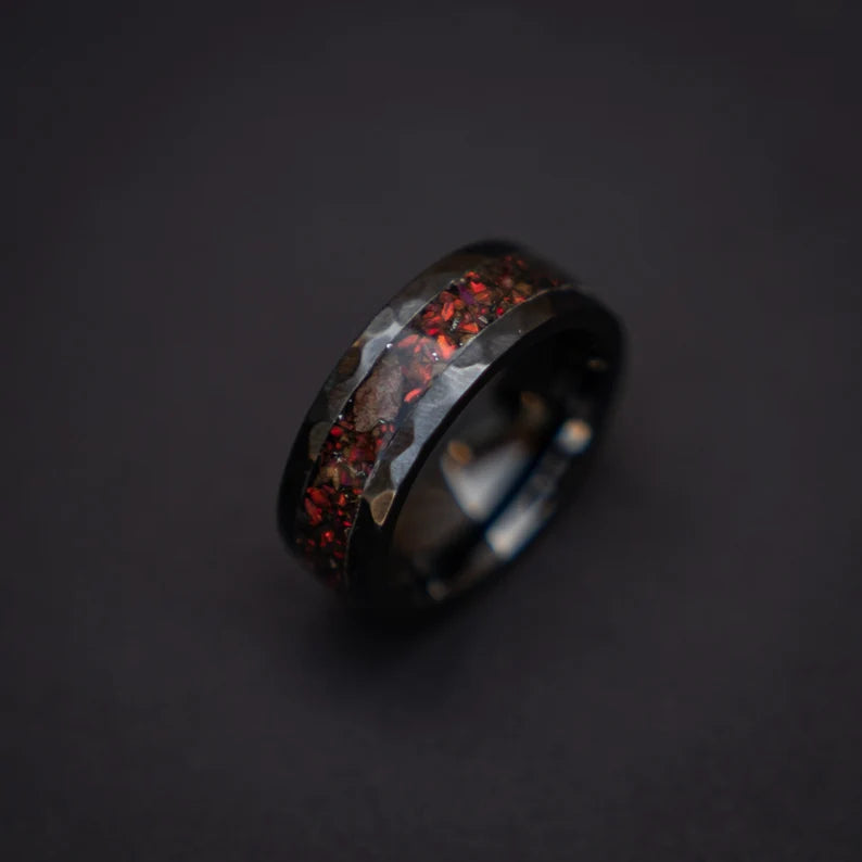 Black Hammered Ceramic Ring With Triceratops Meteorite & Opal