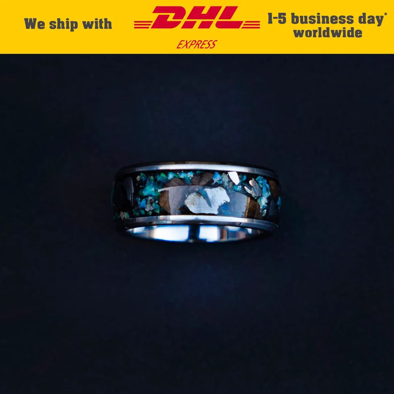 Ethiopian Opal Tungsten Ring & Triceratops Tooth
