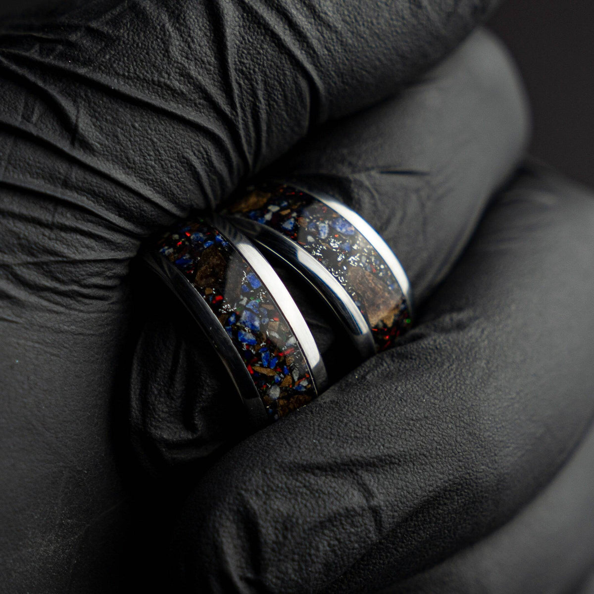 Black Opal Lapis Lazuli Tungsten Ring Meteorite Inlay
