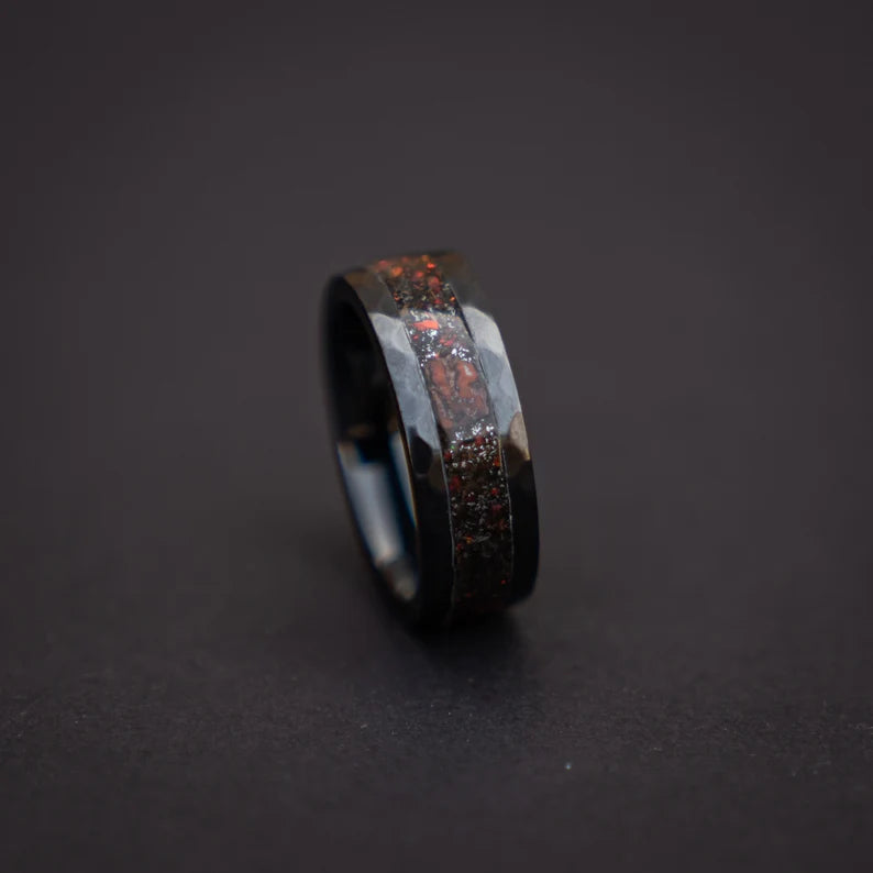 Black Hammered Ceramic Ring With Triceratops Meteorite & Opal