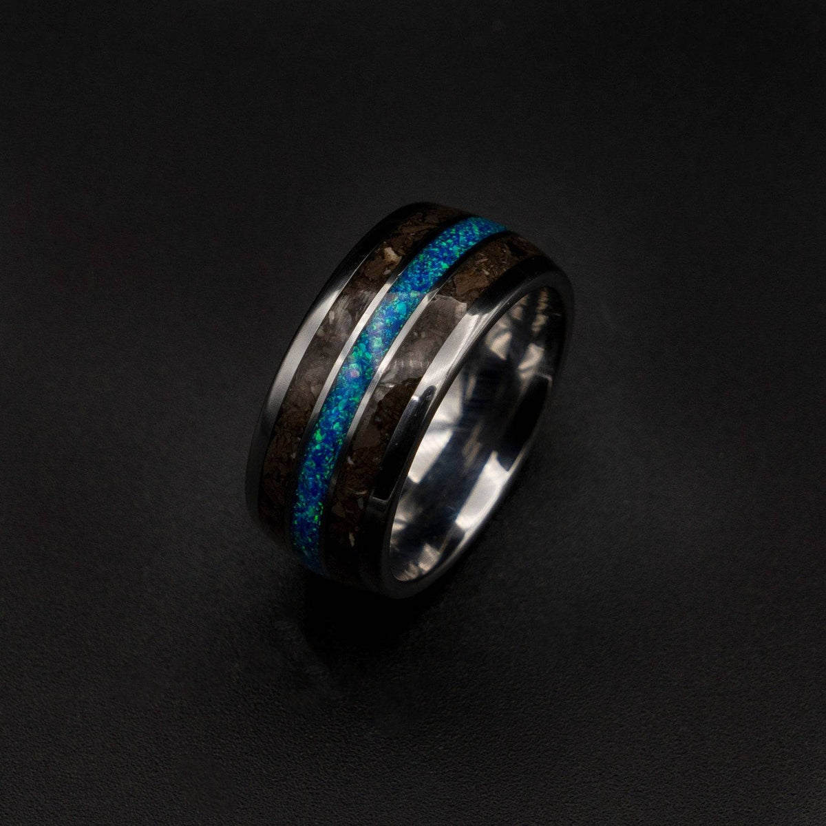 Blue Opal Tungsten Ring with T Rex Bone Fossil
