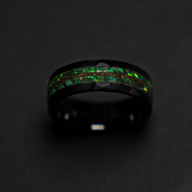 Ceramic Green Opal Hammered Ring Meteorite & T Rex Accent