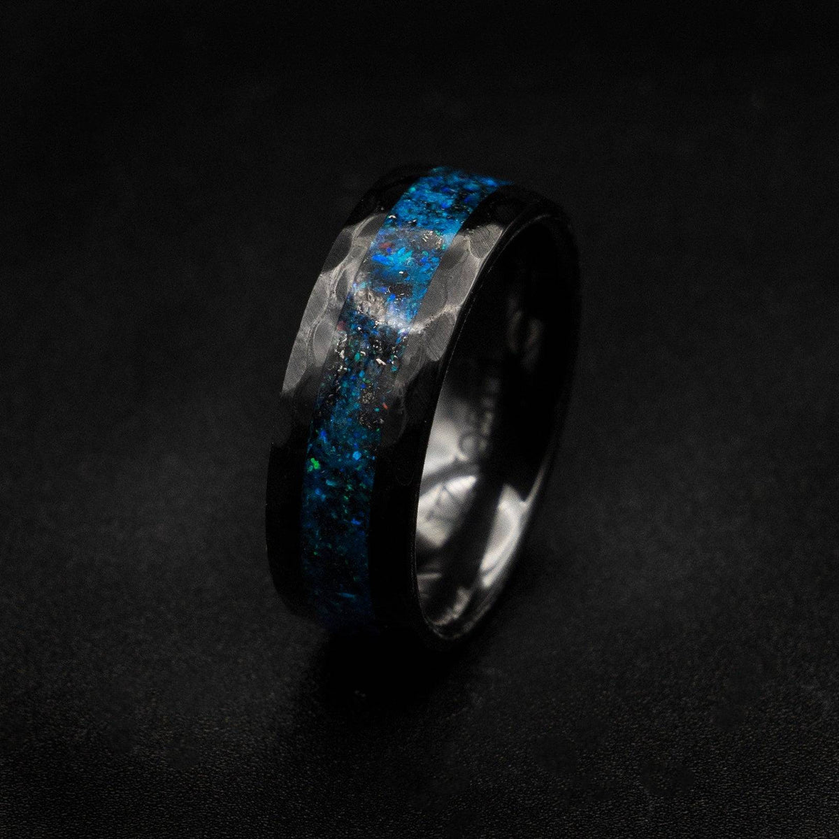 Ceramic Hammered Ring with Blue Galaxy Inlay Band