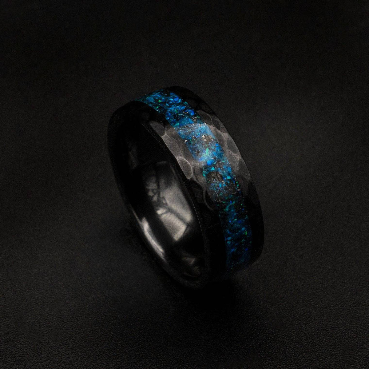 Ceramic Hammered Ring with Blue Galaxy Inlay Band