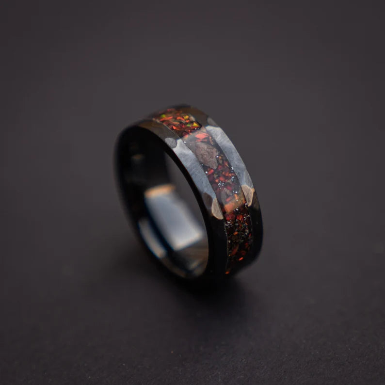 Black Hammered Ceramic Ring With Triceratops Meteorite & Opal