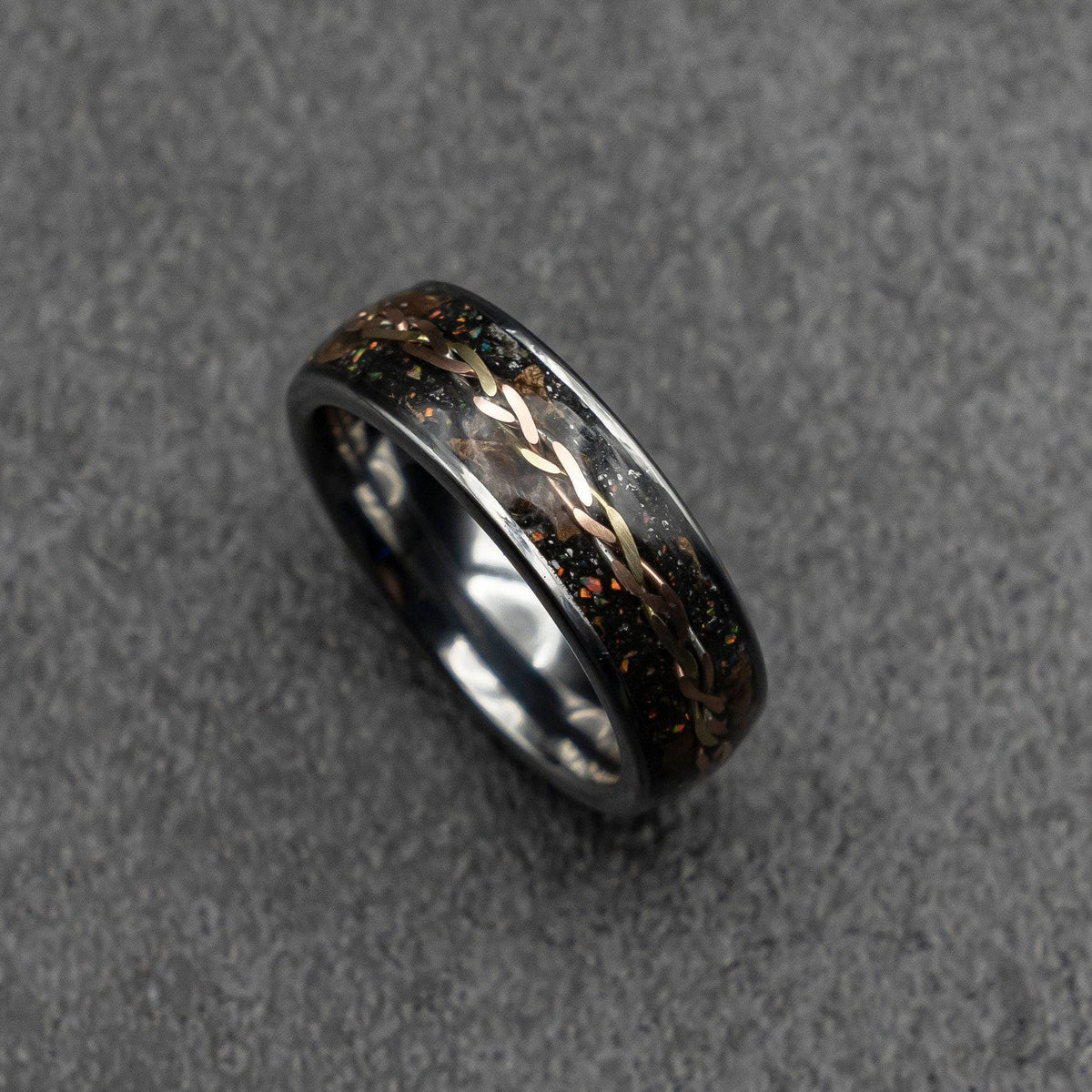 Flat tungsten ring with Triceratops, meteorite and golden wire braid